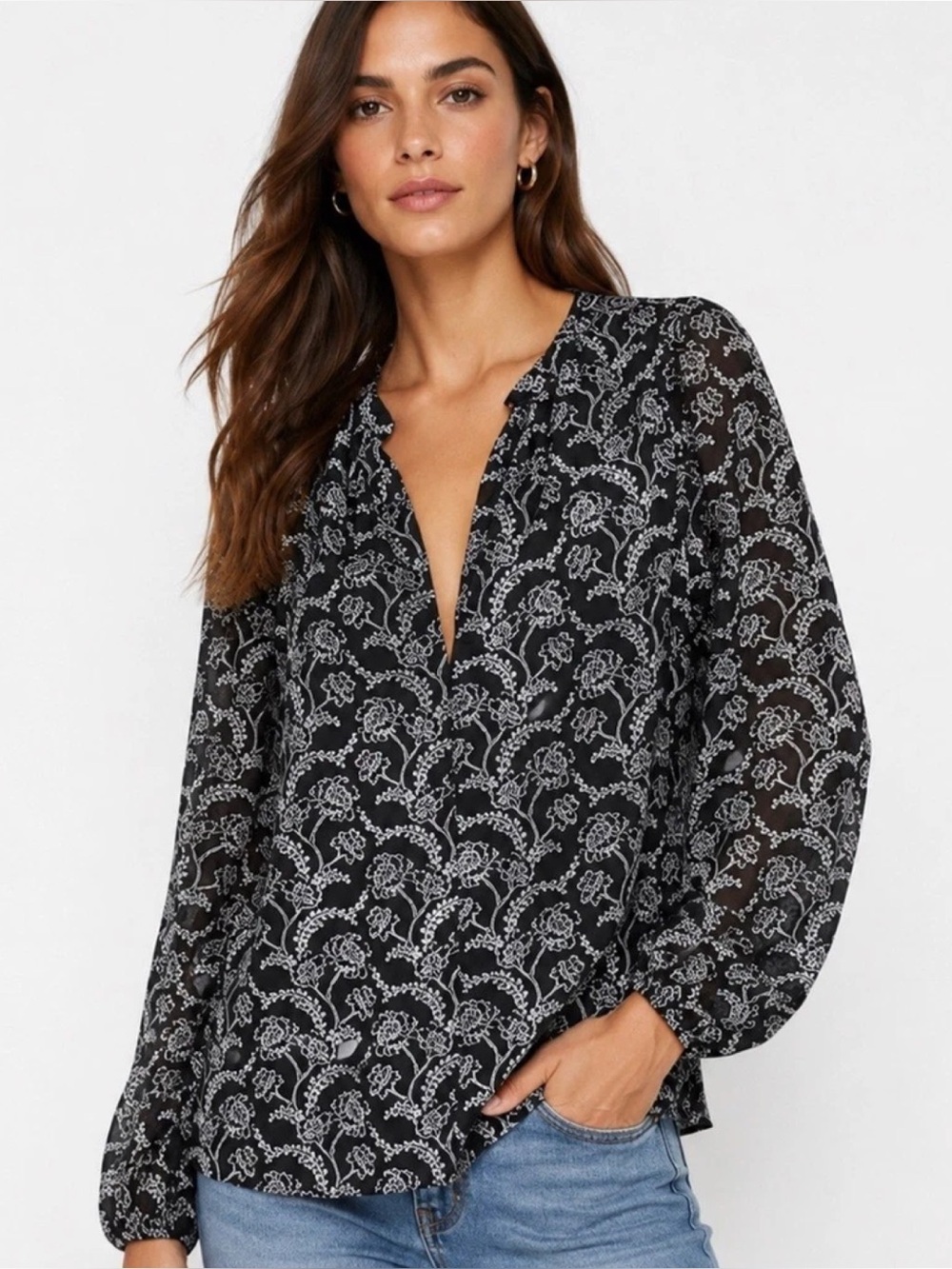 ALC Adara Silk Blend Black andWhite Floral Blouse